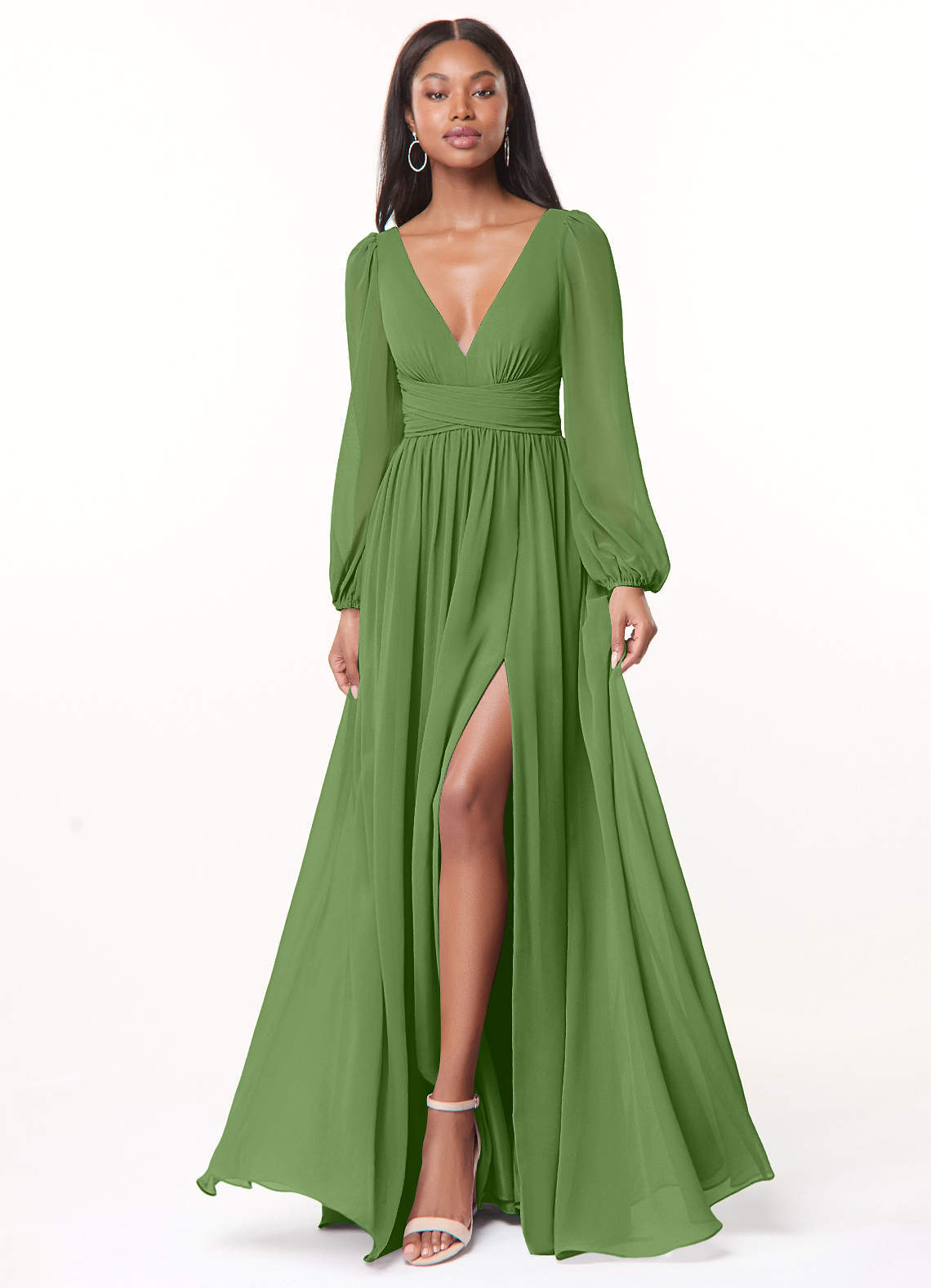elyessen Norah Eucalyptus A-Line V-Neck Long Sleeve Chiffon Dress 1