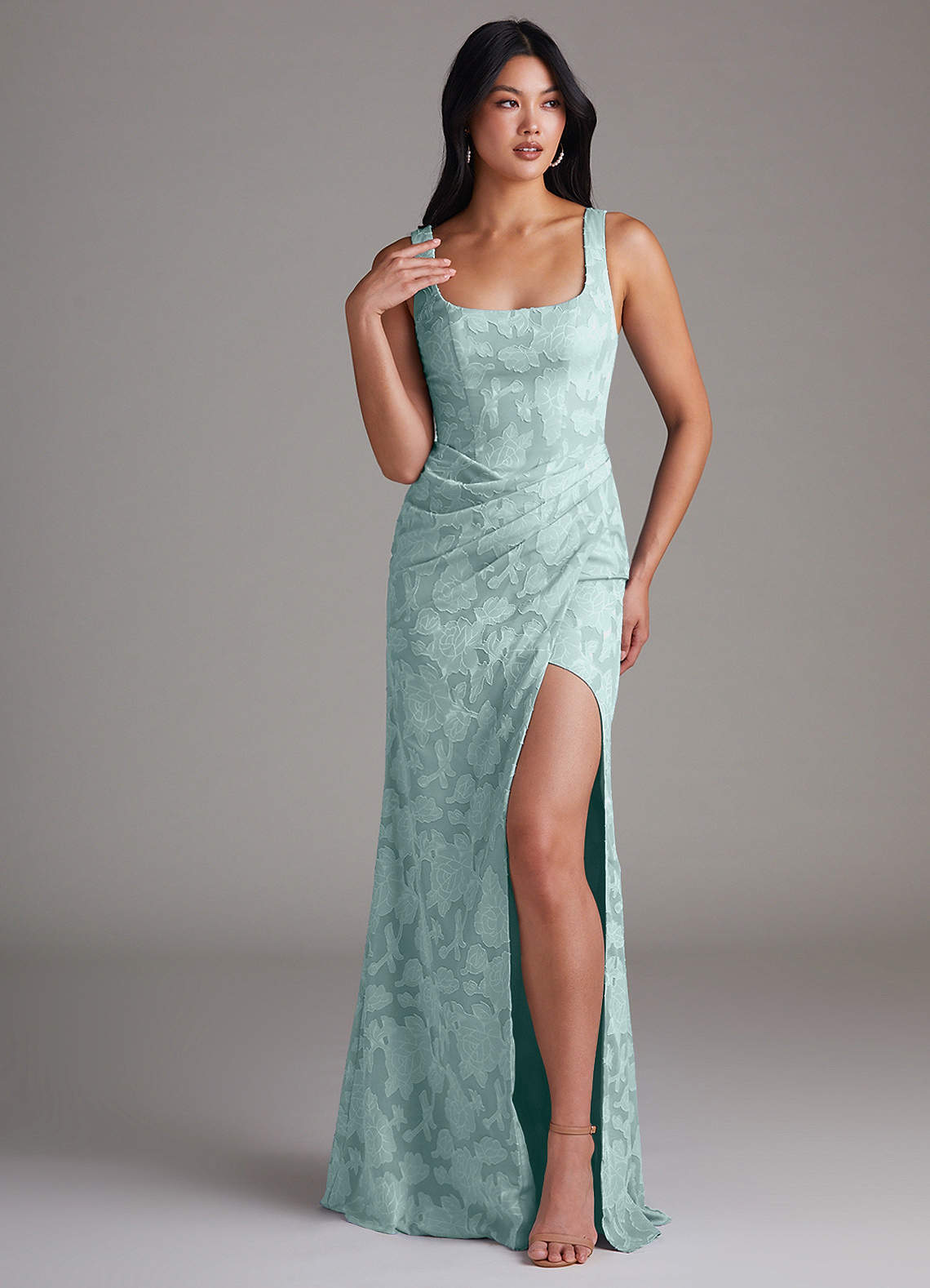 elyessen Mero Dusty Blue Sheath Pleated Floral Burnout Dress 2