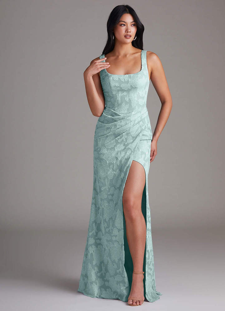 elyessen Mero Dusty Blue Sheath Pleated Floral Burnout Dress 2