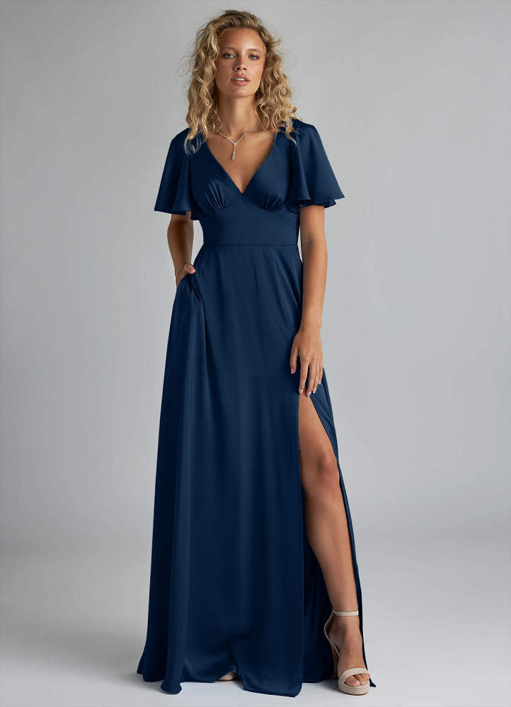elyessen Kimber Sky Blue A-Line Ruched Stretch Satin Dress 3