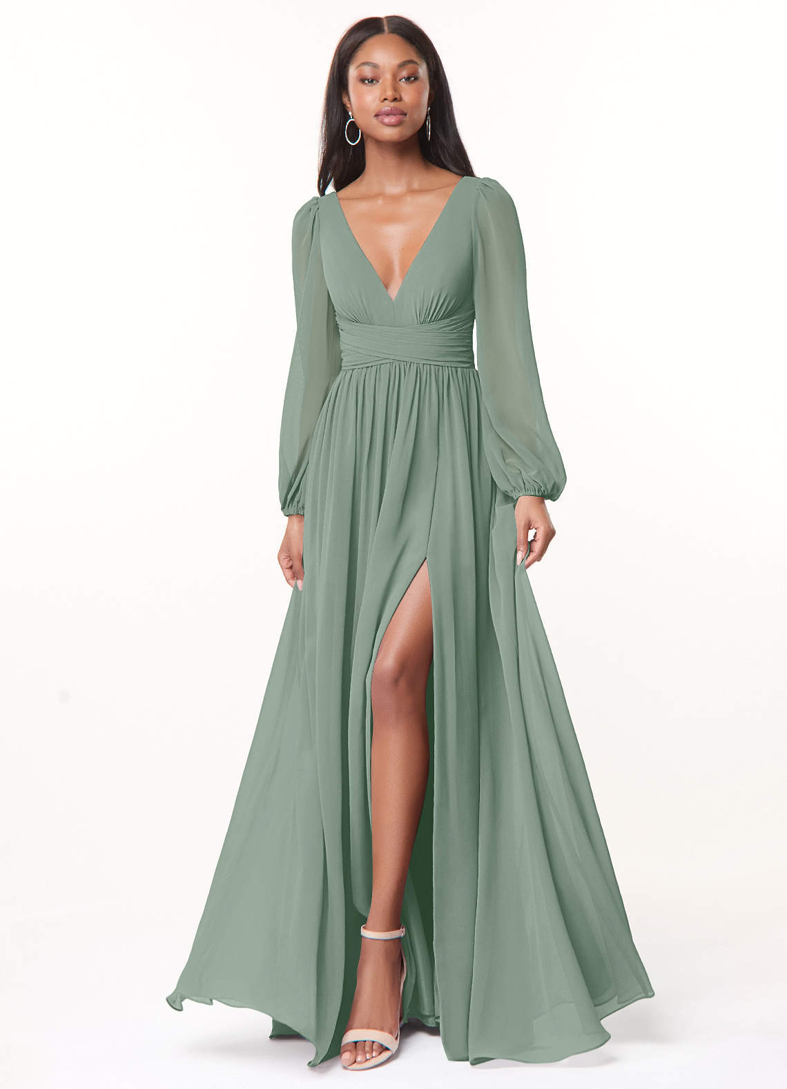 elyessen Norah Eucalyptus A-Line V-Neck Long Sleeve Chiffon Dress 1