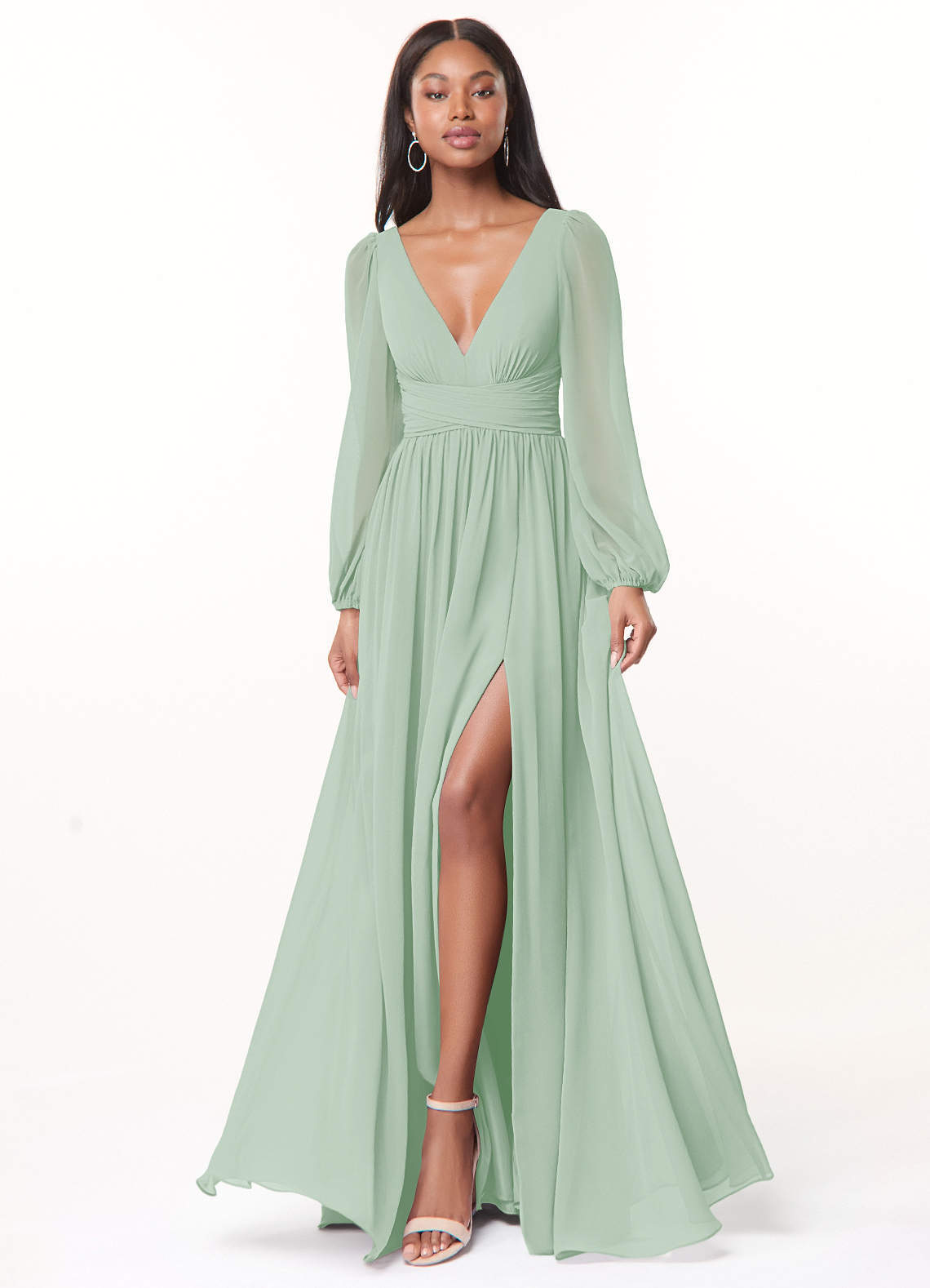 elyessen Norah Eucalyptus A-Line V-Neck Long Sleeve Chiffon Dress 1