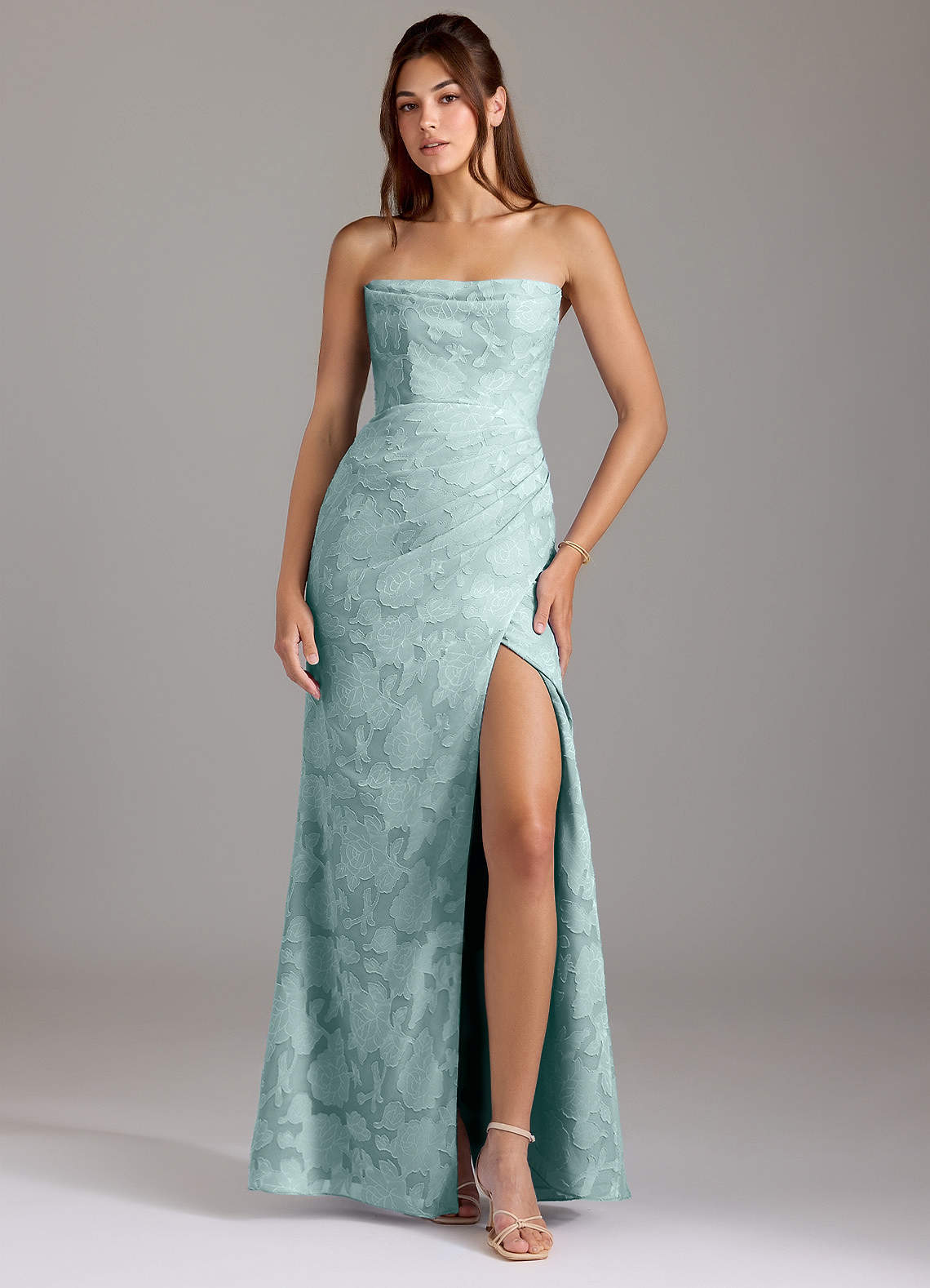 elyessen Leonis Dusty Blue Sheath Strapless Floral Burnout Convertible Dress 2