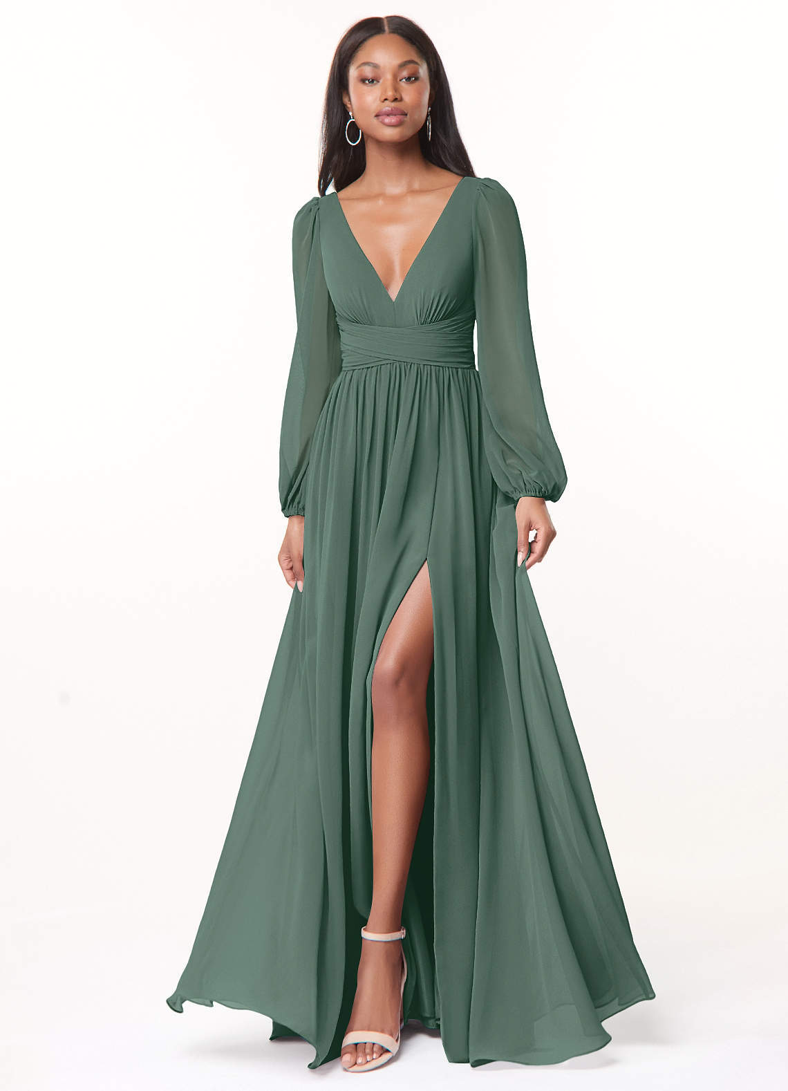 elyessen Norah Eucalyptus A-Line V-Neck Long Sleeve Chiffon Dress 1
