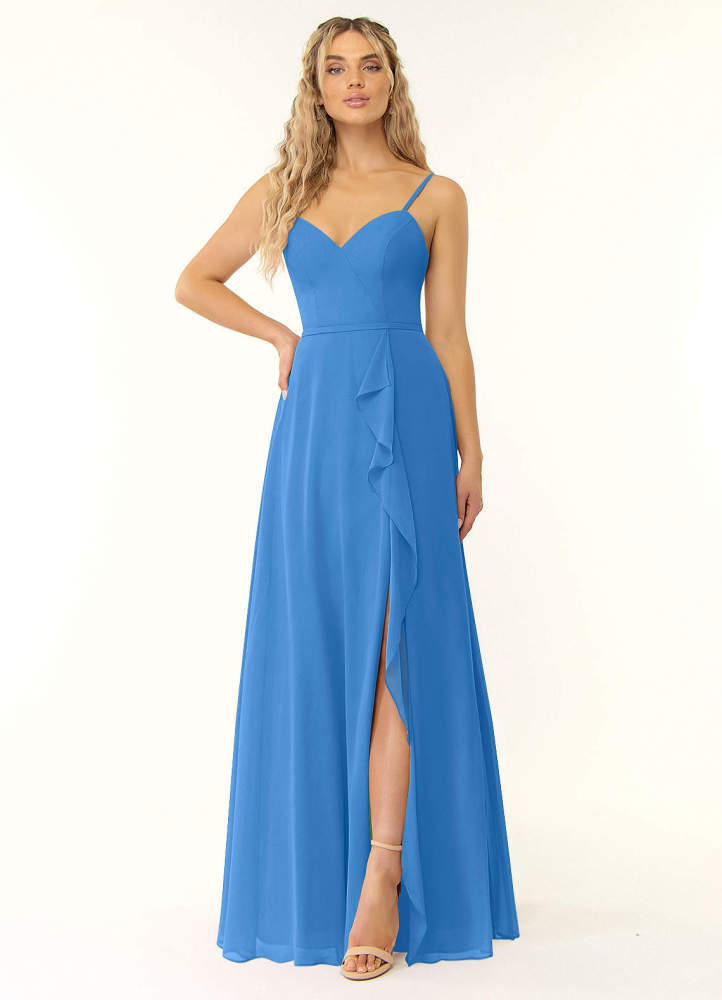 elyessen Naeem Dusty Blue A-Line V-Neck Ruffle Chiffon Dress 7
