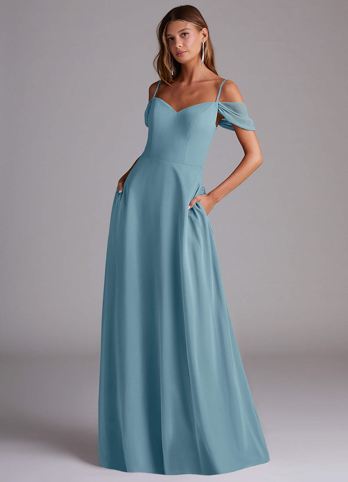 elyessen Marley Dusty Blue A-Line Off the Shoulder Chiffon Convertible Dress 8