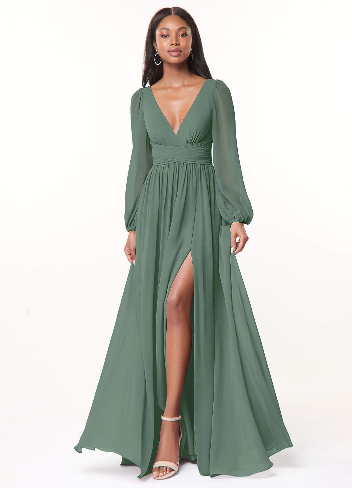elyessen Norah Eucalyptus A-Line V-Neck Long Sleeve Chiffon Dress 1