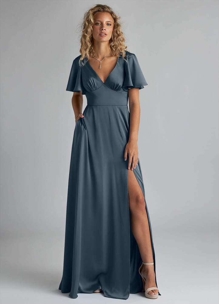 elyessen Kimber Sky Blue A-Line Ruched Stretch Satin Dress 3