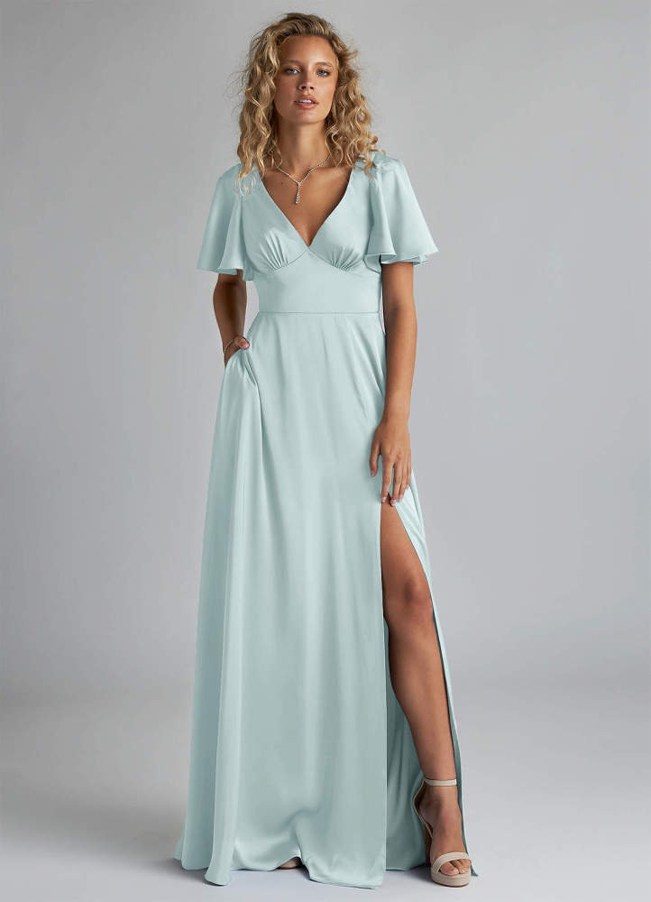 elyessen Kimber Sky Blue A-Line Ruched Stretch Satin Dress 3
