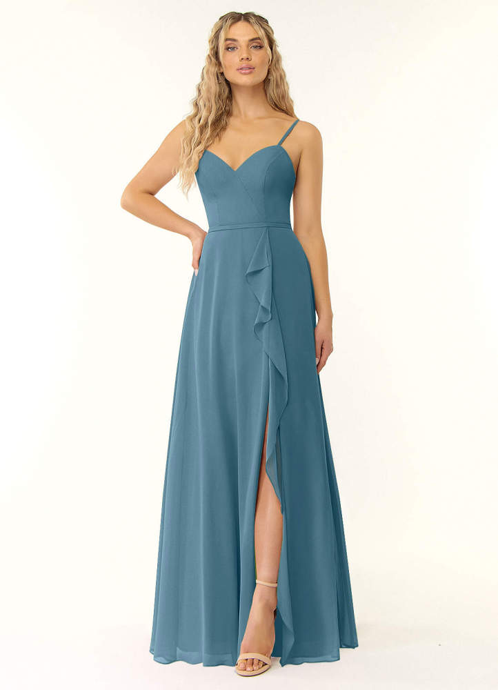elyessen Naeem Dusty Blue A-Line V-Neck Ruffle Chiffon Dress 3