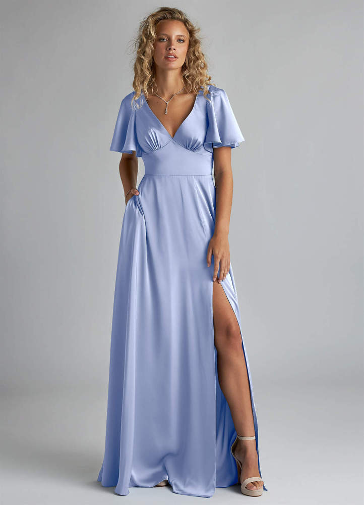 elyessen Kimber Sky Blue A-Line Ruched Stretch Satin Dress 2