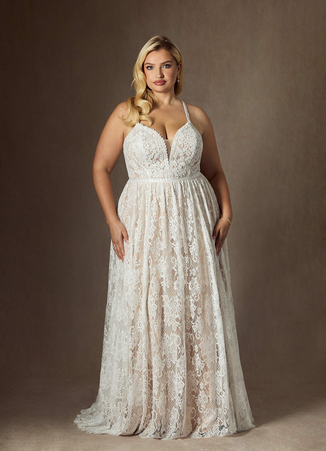 elyessen  Diamond White Champagne A-Line Lace Dress