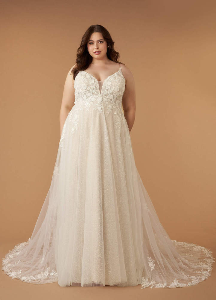 elyessen  Diamond White A-Line V-Neck Lace Tulle Dress