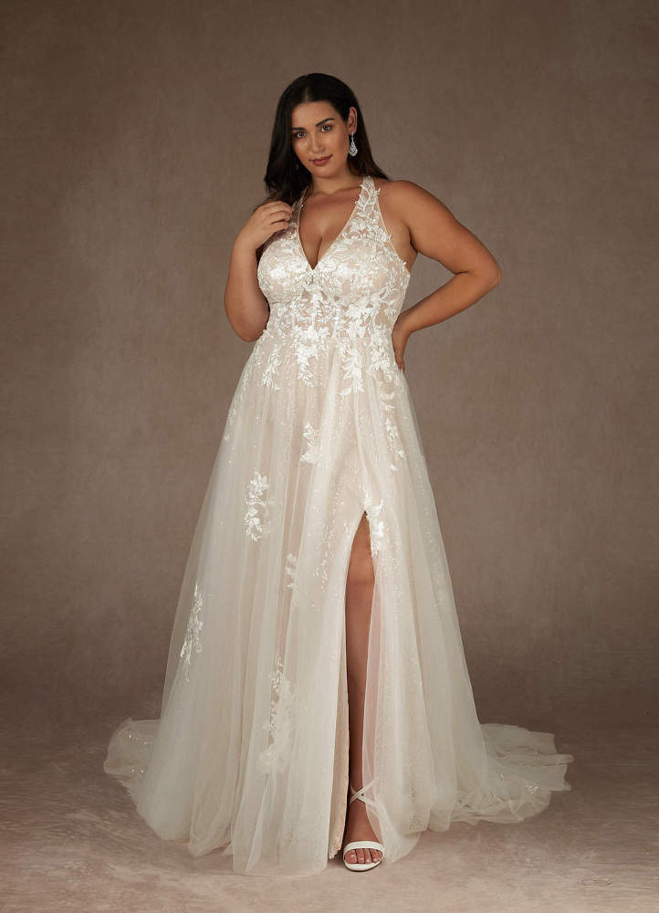 elyessen  Diamond White A-Line Halter Sequins Tulle Dress
