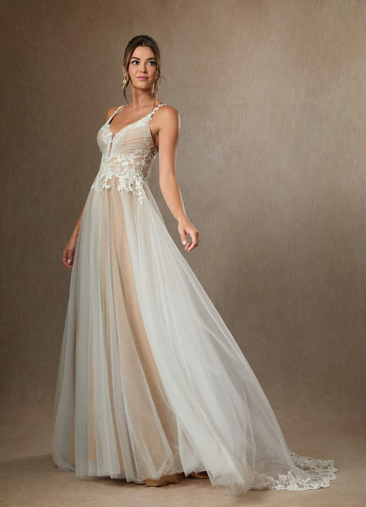 elyessen Free pannier Diamond White A-Line V-Neck Lace Tulle Dress