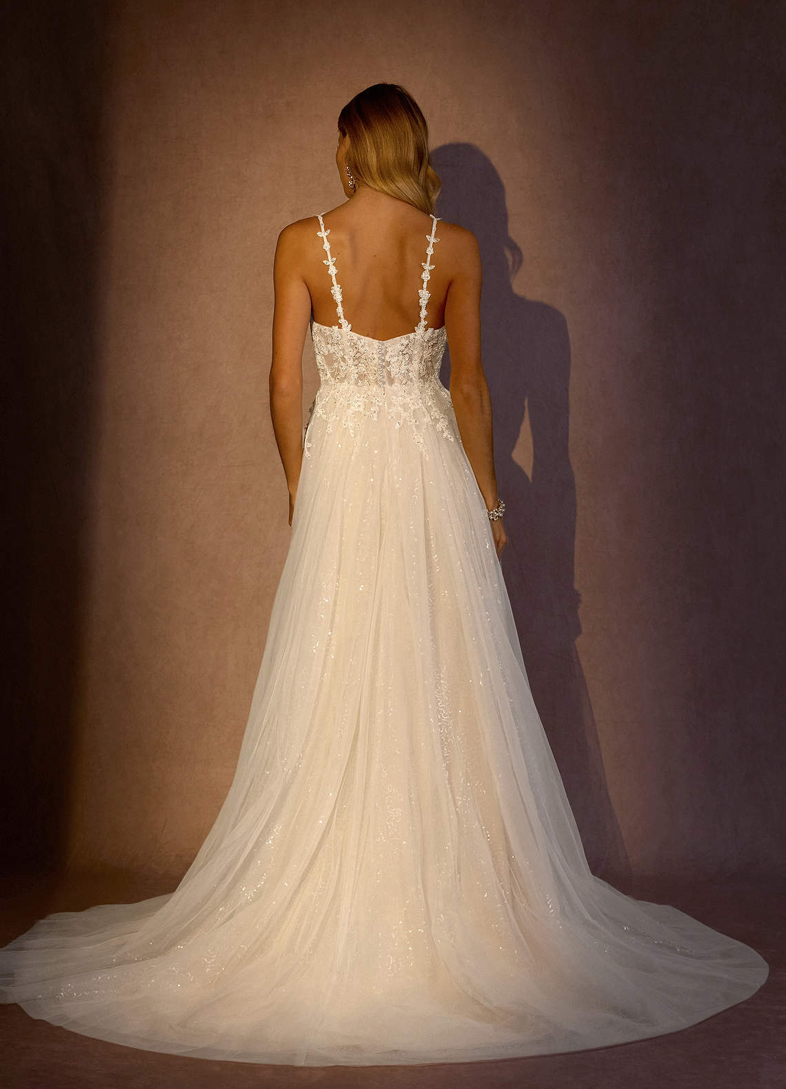 elyessen Florian Diamond White Champagne A-Line V-Neck Sequins Tulle Dress