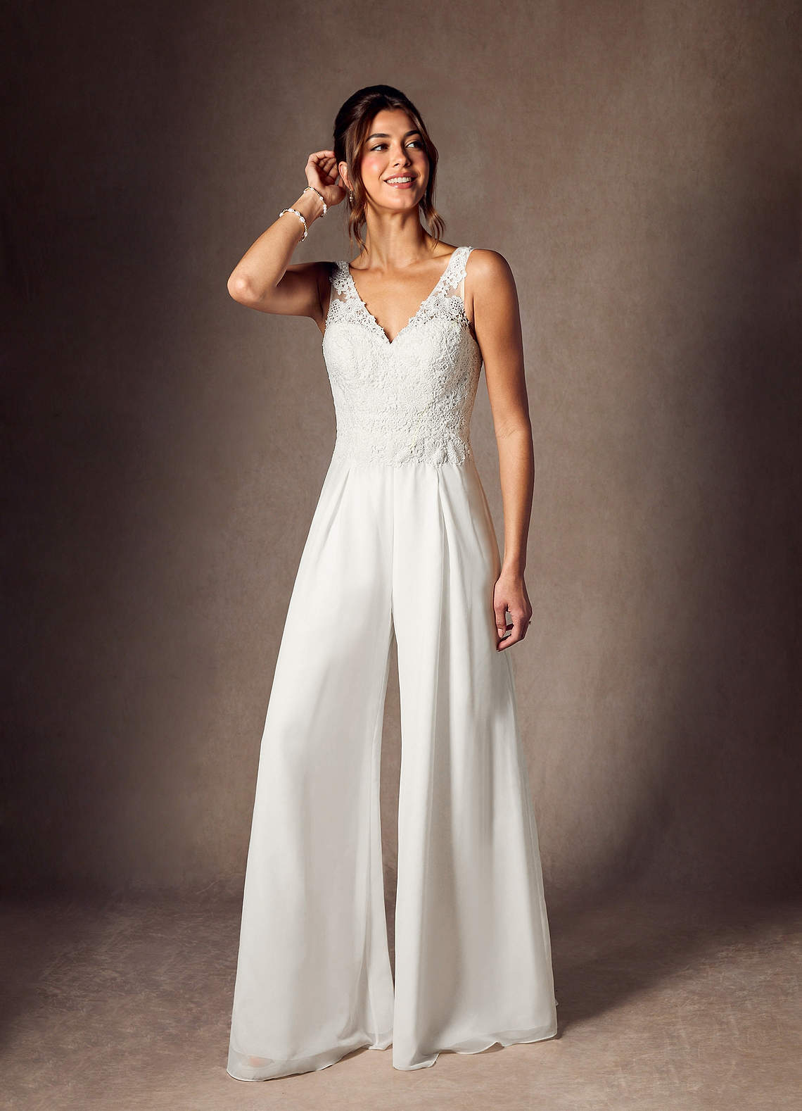 elyessen Florine Diamond White Pant Styles V-Neck Lace Chiffon Dress