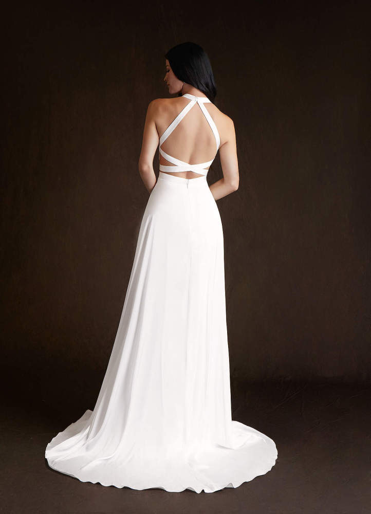 elyessen Sian Stretch Diamond White A-Line Side Slit Stretch Satin Dress