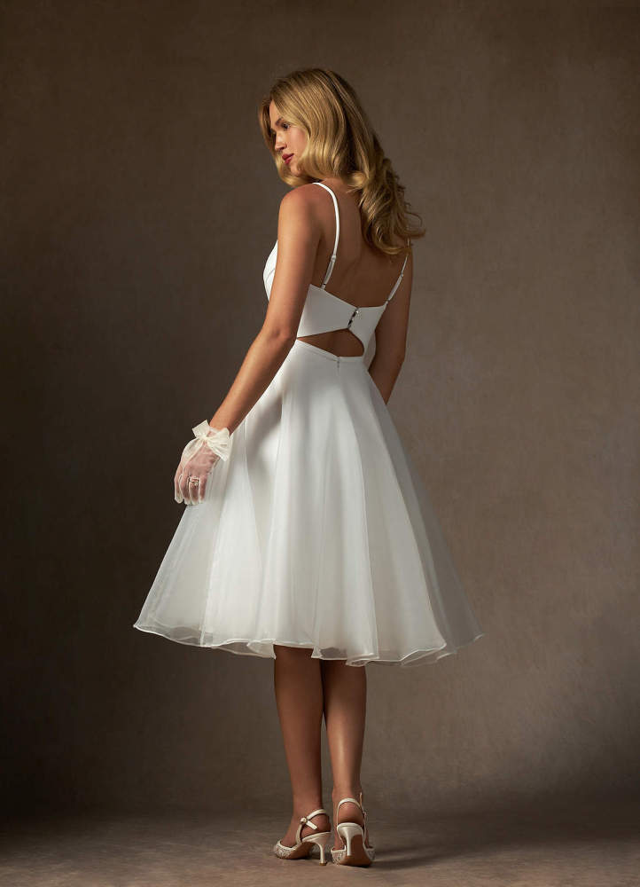 elyessen Ardea Stretch Diamond White A-Line V-Neck Pleated Stretch Crepe Dress