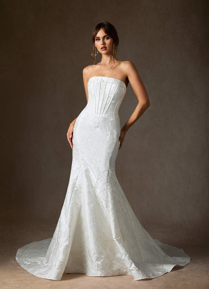 elyessen Kristella Diamond White Mermaid Strapless Floral Jacquard Dress