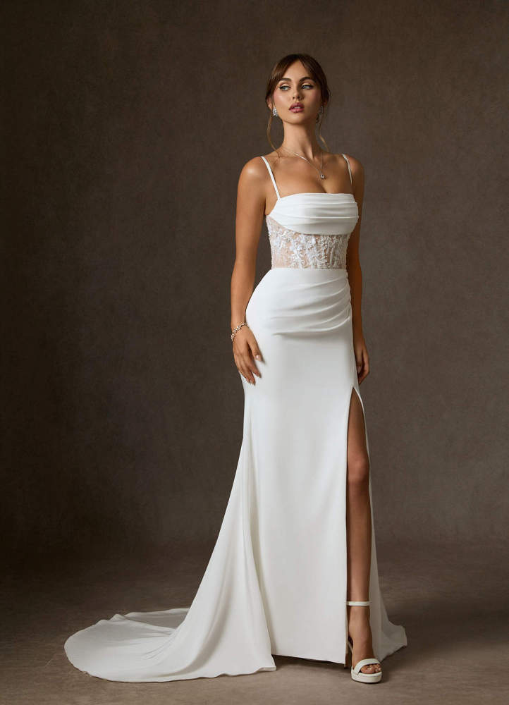 elyessen  Diamond White Mermaid Off the Shoulder Crepe Back Satin Dress