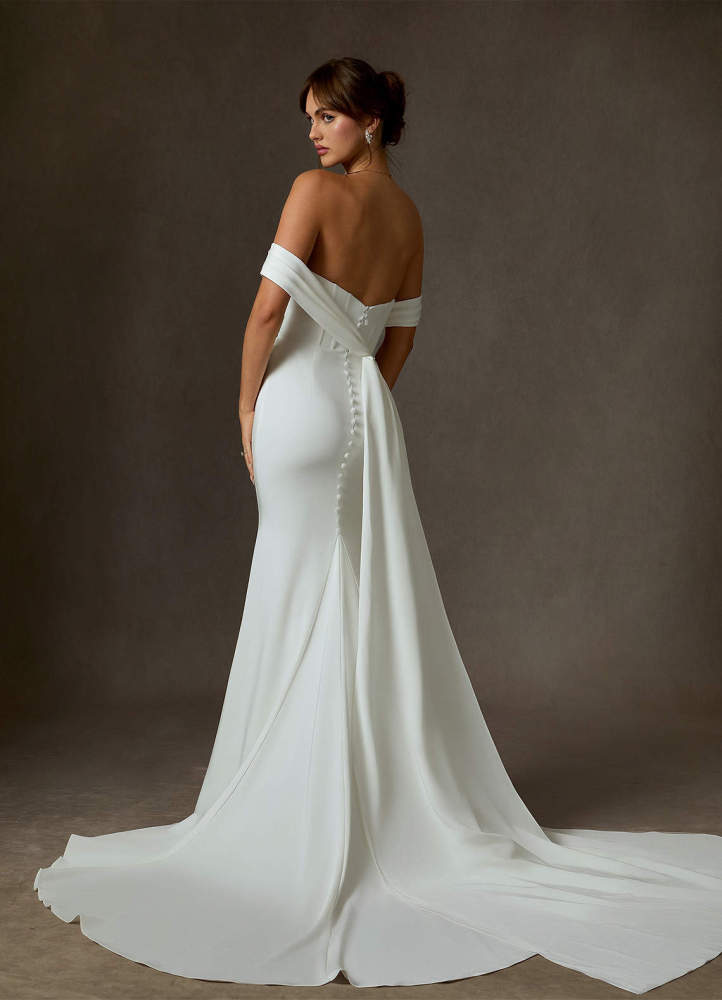 elyessen Grace Diamond White Mermaid Off the Shoulder Crepe Back Satin Dress