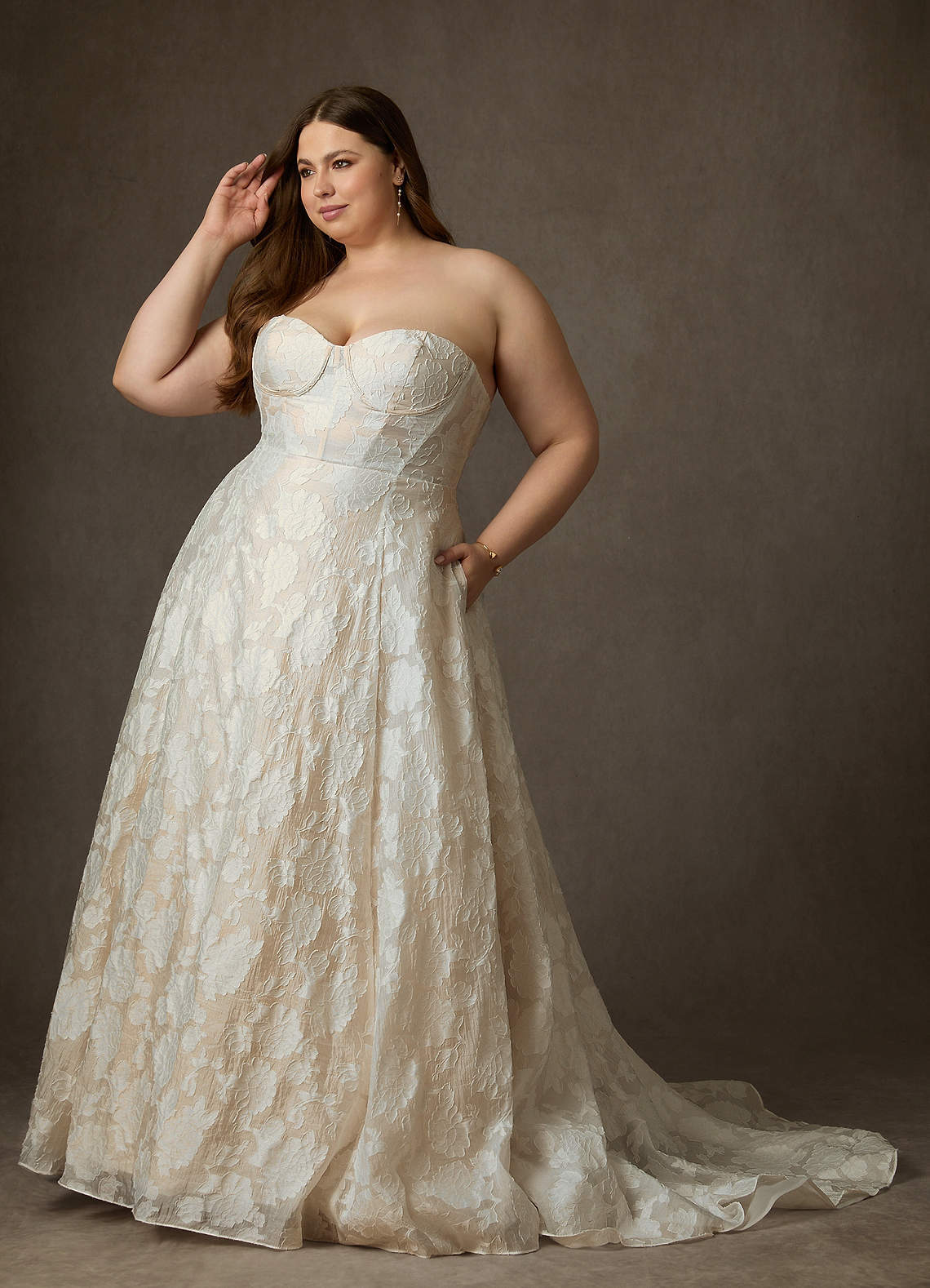 elyessen  Diamond White Ball-Gown Strapless Floral Burnout Jacquard Dress