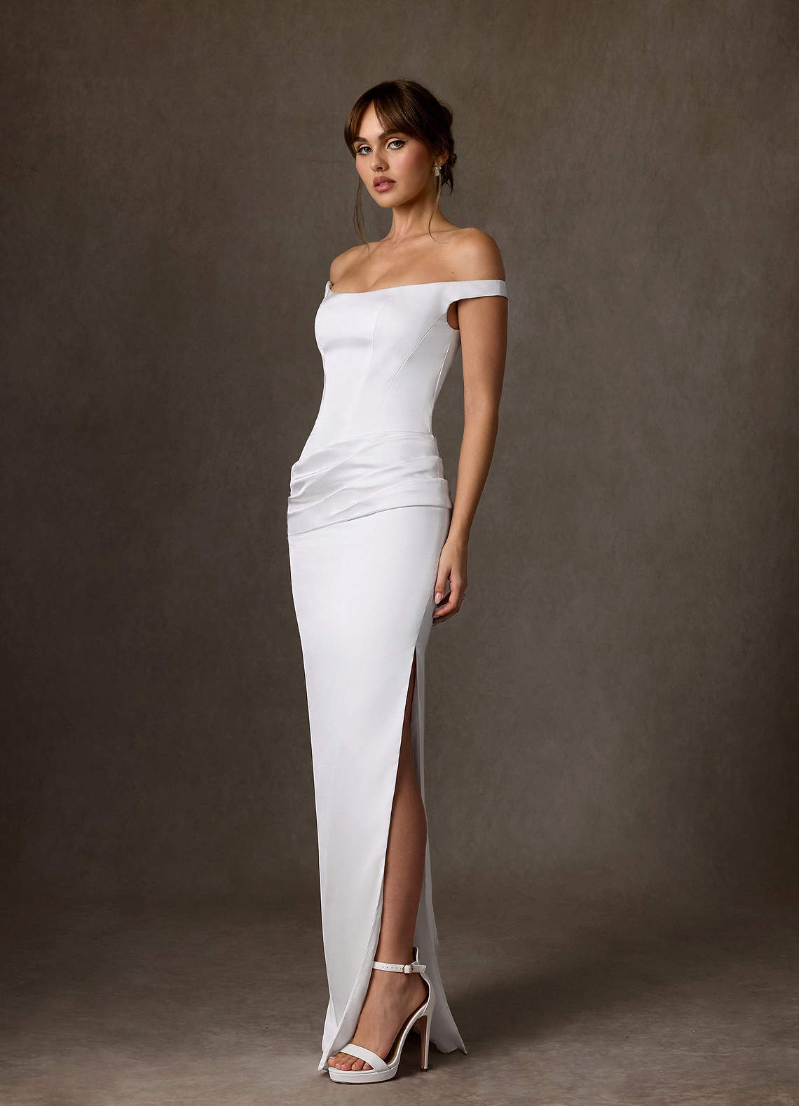 elyessen Marcia Stretch Diamond White Sheath Off the Shoulder Stretch Satin Dress