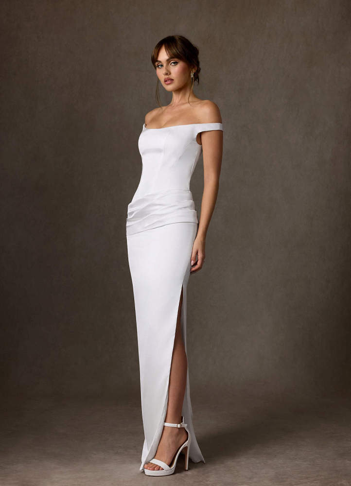 elyessen Marcia Stretch Diamond White Sheath Off the Shoulder Stretch Satin Dress