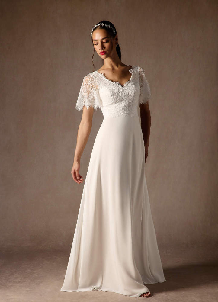 elyessen Veradis Diamond White A-Line V-Neck lace Chiffon Dress