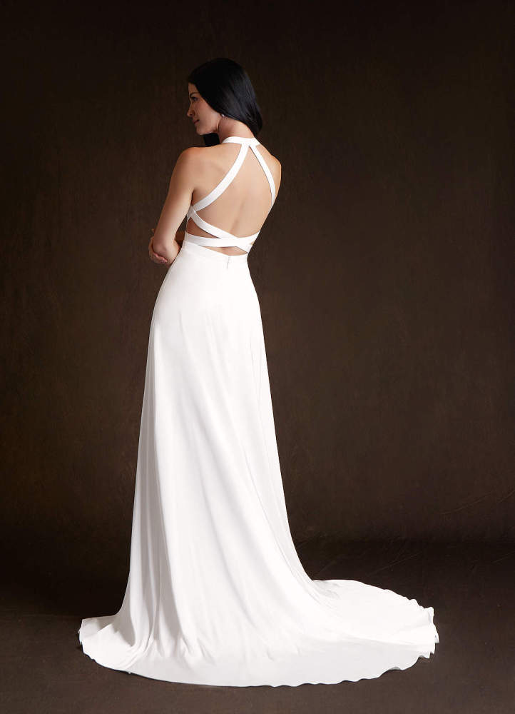 elyessen Sian Stretch Diamond White A-Line Side Slit Stretch Satin Dress