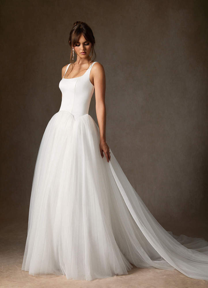 elyessen Samirah Diamond White A-Line Detachable Train Double Faced Satin Dress