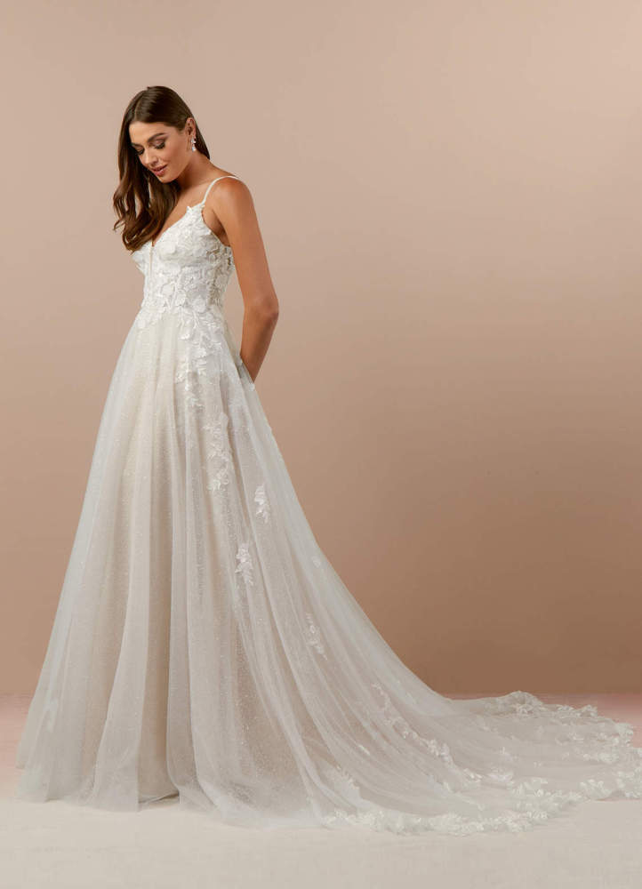 elyessen  Diamond White A-Line V-Neck Lace Tulle Dress