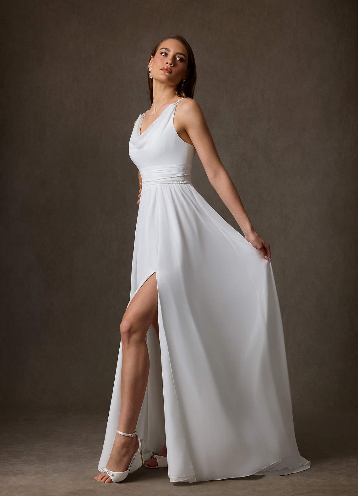 elyessen Neema Diamond White A-Line Side Slit Chiffon Dress