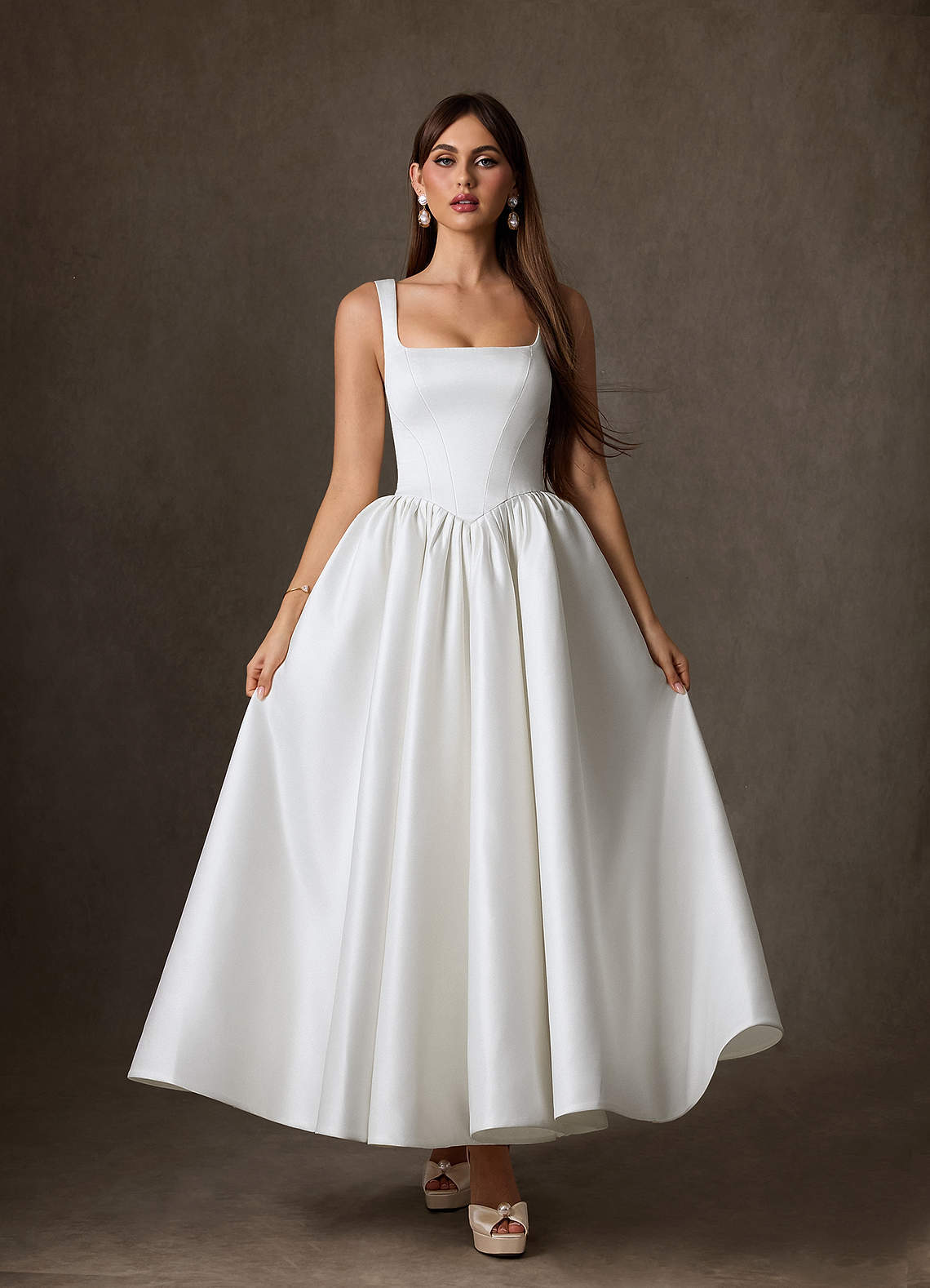 elyessen Verina Diamond White A-Line with Pockets Satin Dress