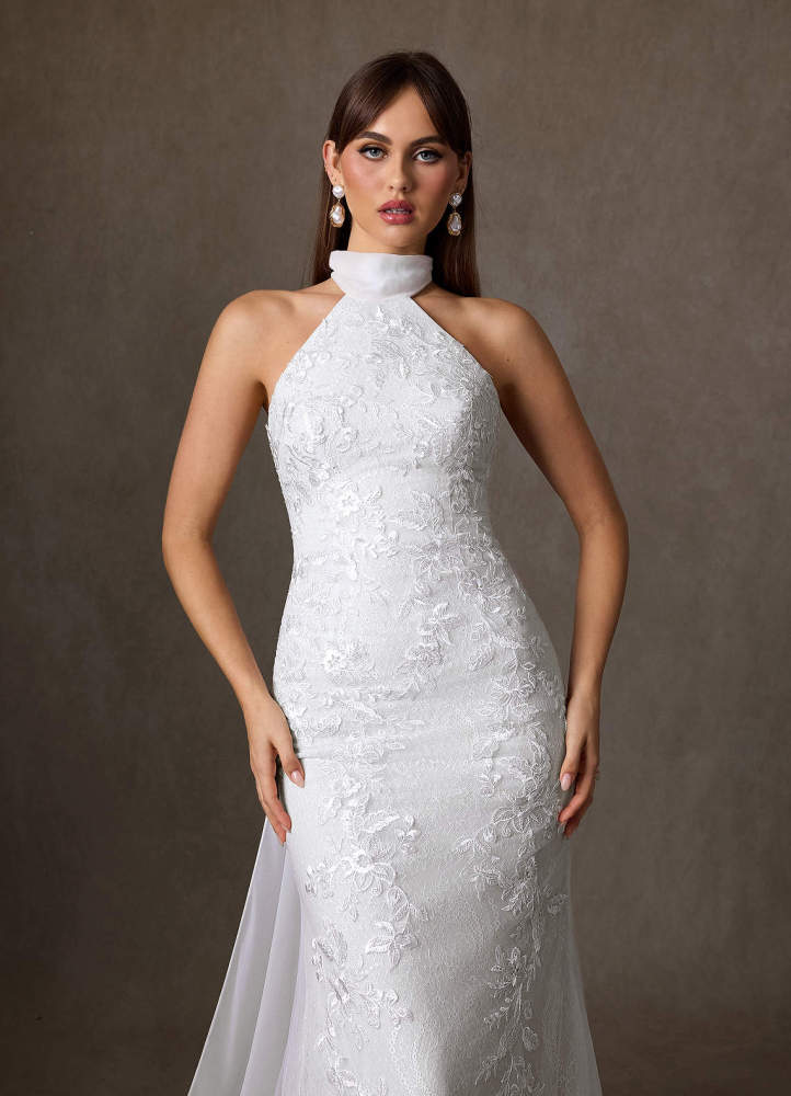 elyessen Kaiyana Diamond White Sheath High Neck Lace Dress