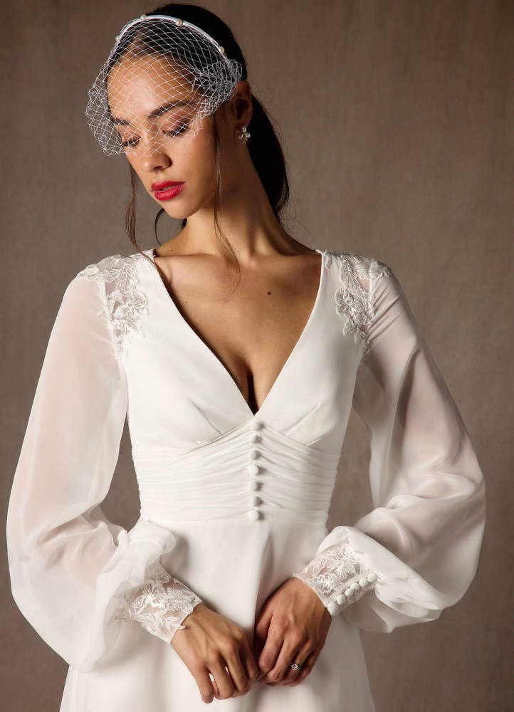 elyessen Amila Diamond White A-Line V-Neck Lace Chiffon Dress