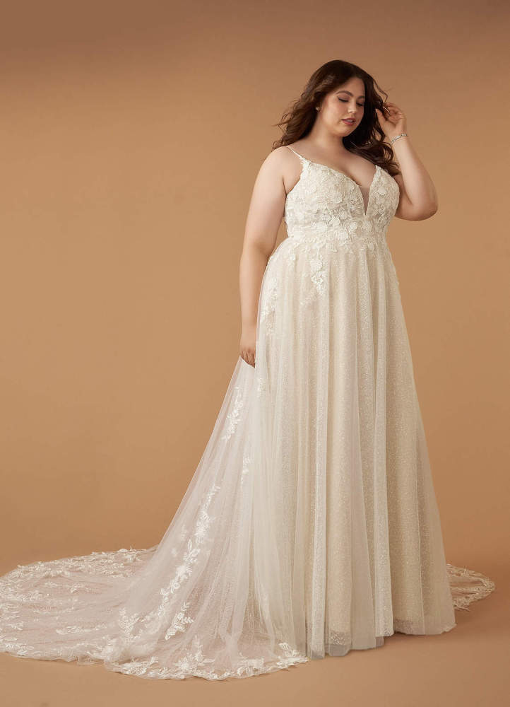 elyessen  Diamond White A-Line V-Neck Lace Tulle Dress