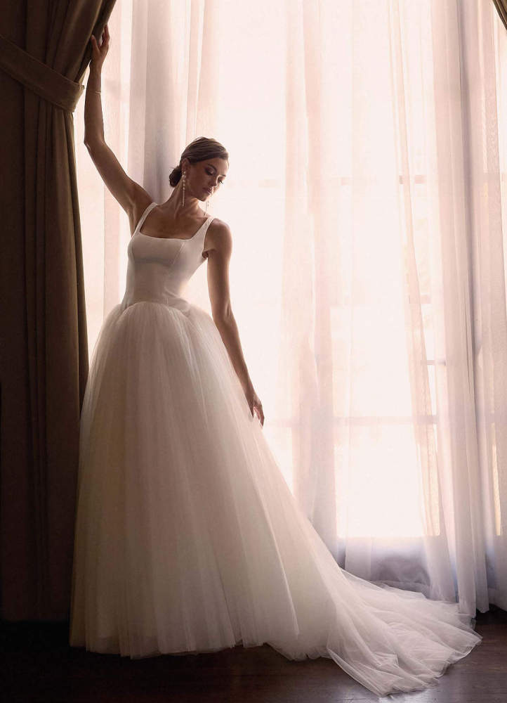 elyessen Samirah Diamond White A-Line Detachable Train Double Faced Satin Dress