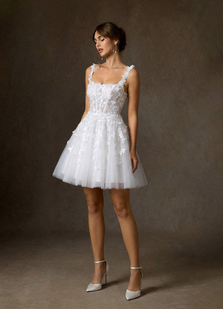 elyessen Sabine Diamond White A-Line Square Neckline Lace Dress