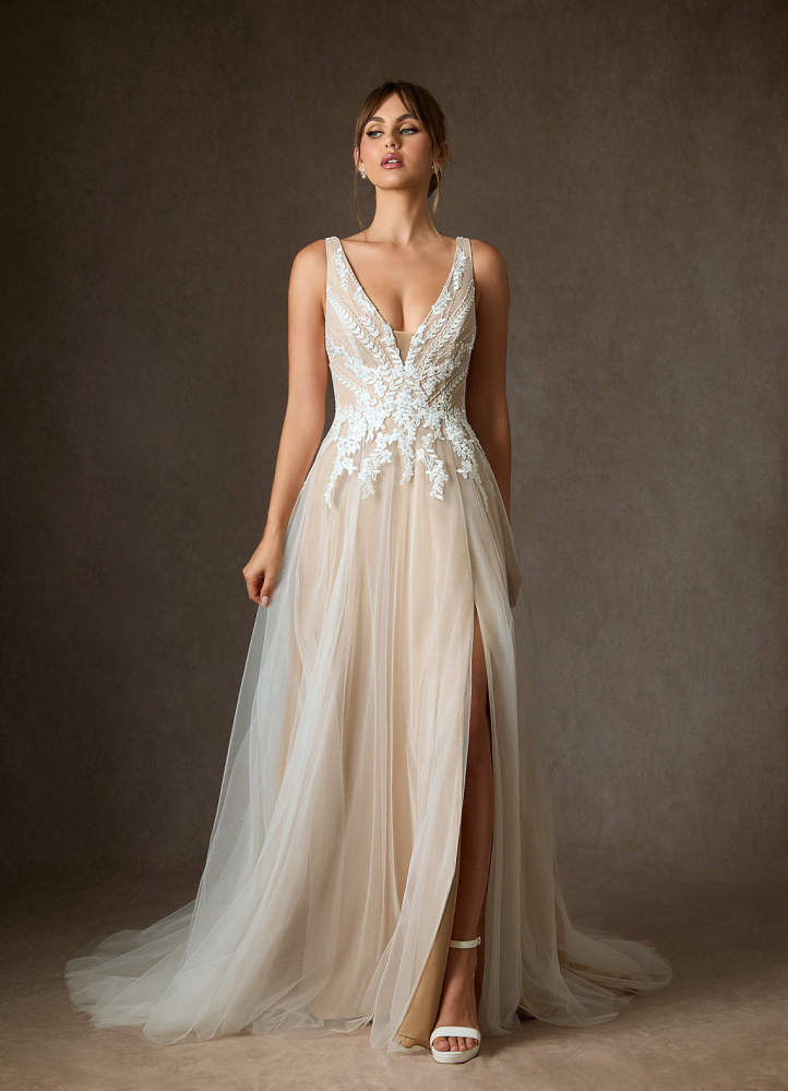 elyessen Goddess Two-Piece Diamond White A-Line V-Neck Sequins Tulle Dress