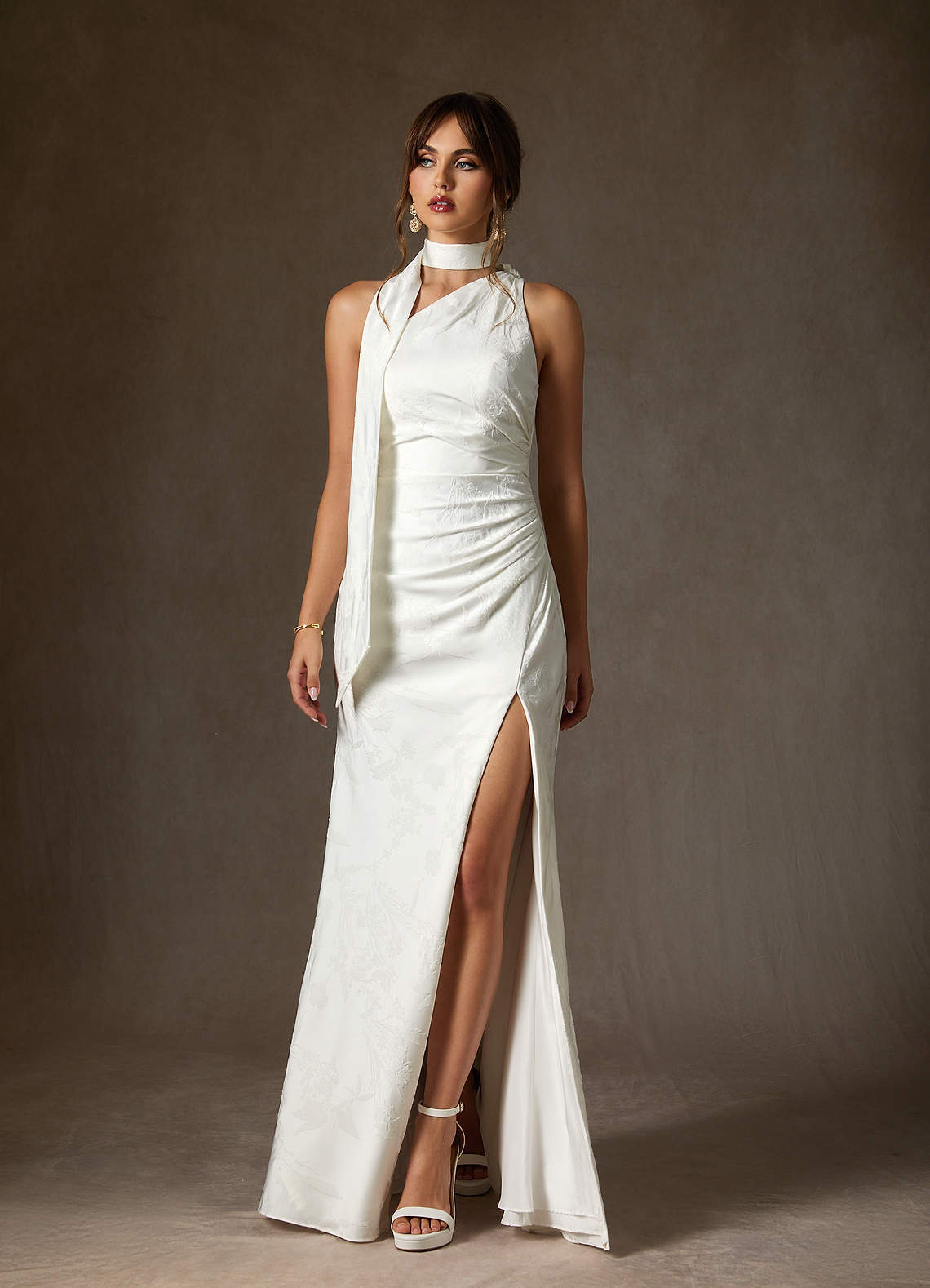 elyessen Misty Diamond White Sheath One Shoulder Floral Jacquard Dress