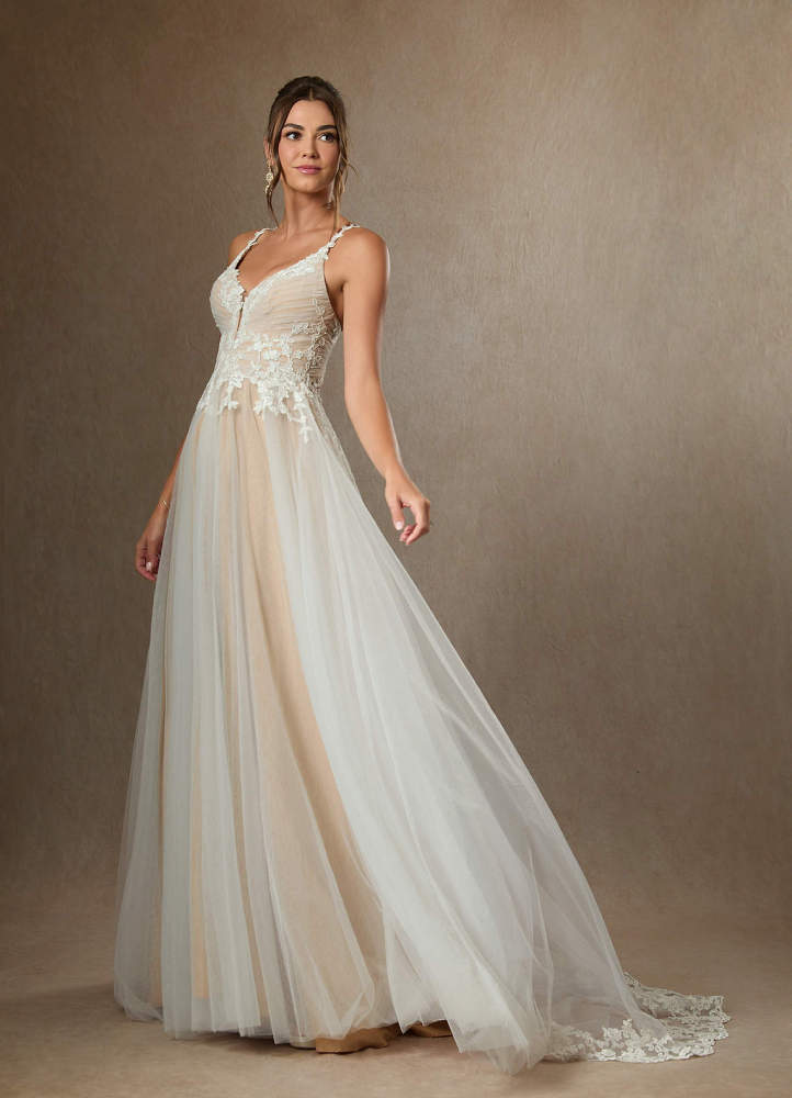 elyessen Devi Free pannier Diamond White A-Line V-Neck Lace Tulle Dress