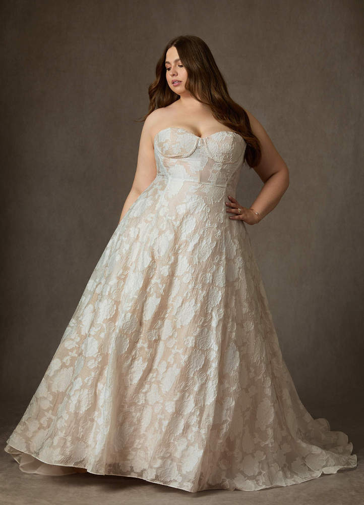 elyessen  Diamond White Ball-Gown Strapless Floral Burnout Jacquard Dress