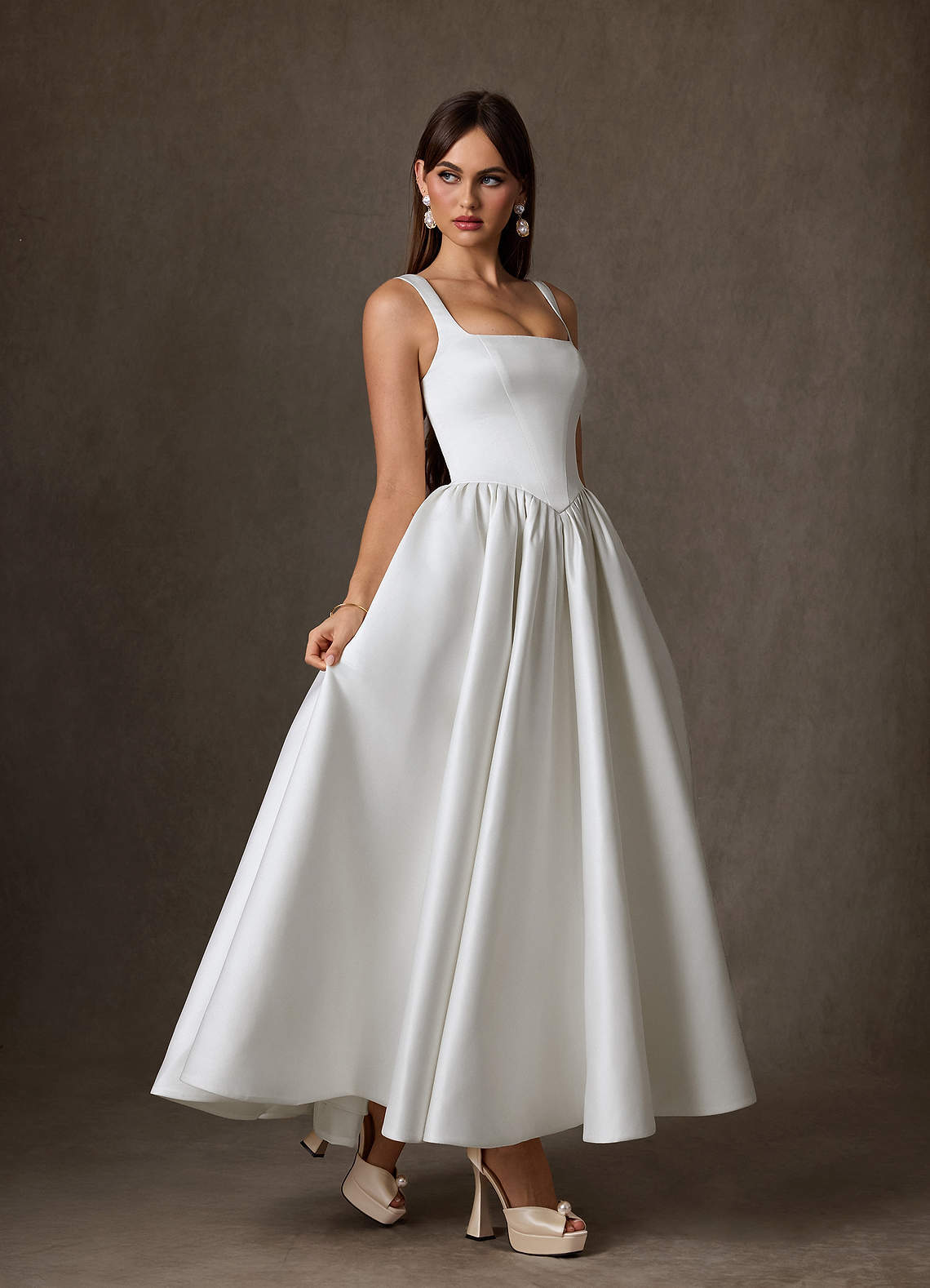elyessen Verina Diamond White A-Line with Pockets Satin Dress