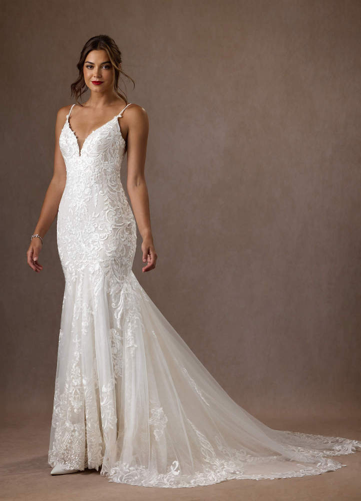 elyessen Camlynn Diamond White Mermaid V-Neck Sequins Tulle Dress