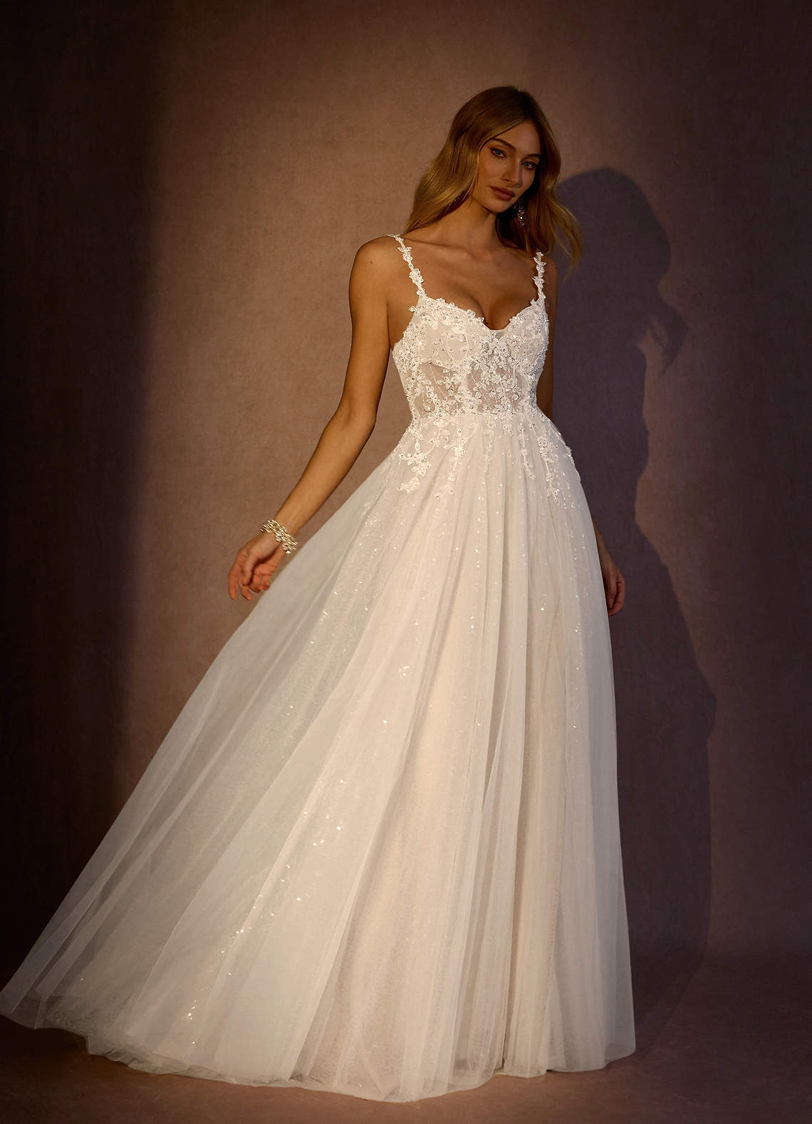 elyessen Florian Diamond White Champagne A-Line V-Neck Sequins Tulle Dress