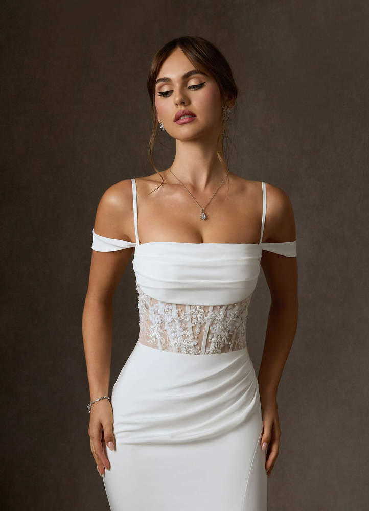 elyessen  Diamond White Mermaid Off the Shoulder Crepe Back Satin Dress