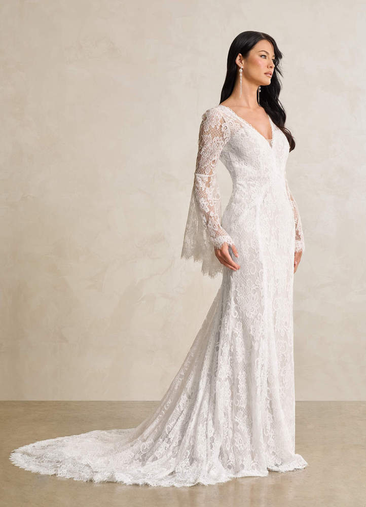 elyessen Hayes Diamond White Champagne Mermaid V-Neck Lace Dress