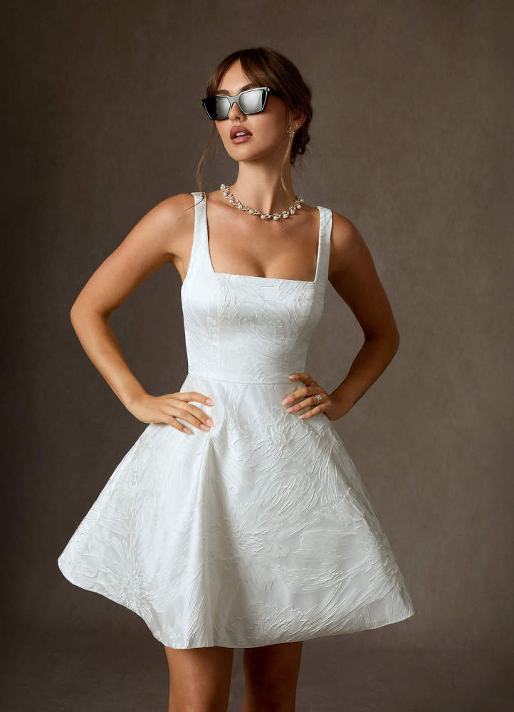 elyessen Regina Diamond White A-Line with Pockets Floral Jacquard Dress